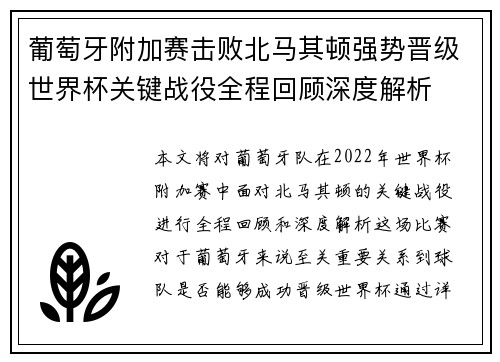 葡萄牙附加赛击败北马其顿强势晋级世界杯关键战役全程回顾深度解析 葡萄牙附加赛击败北马其顿强势晋级世界杯关键战役全程回顾深度解析